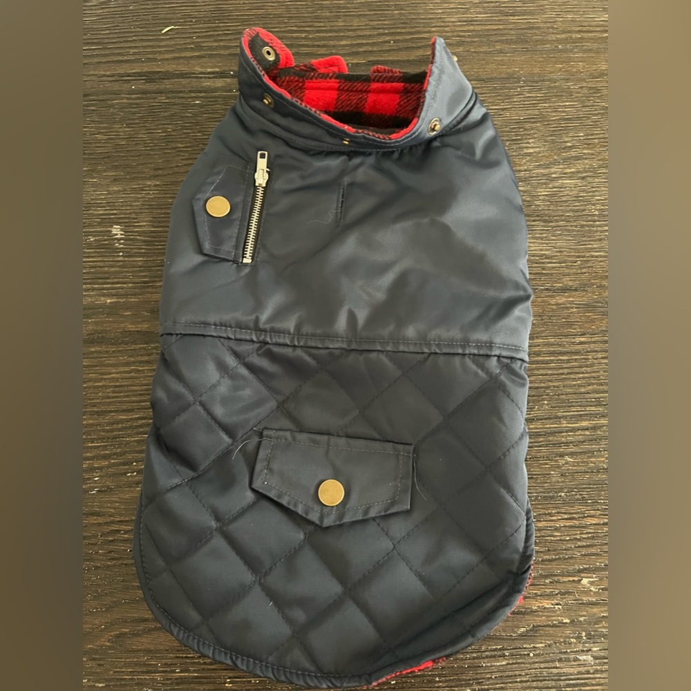 Navy Quilted Dog Jacket with Red Plaid Lining